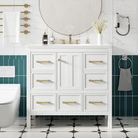 VanityFus 36-in White Bathroom Vanity Single Sink Combo with Resin Top Undermount 1 Soft Close Door 5 Drawers