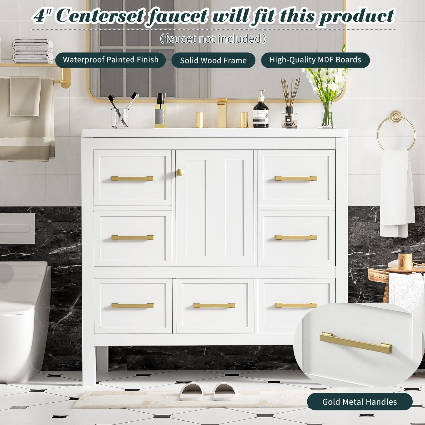 VanityFus 36-in White Bathroom Vanity Single Sink Combo with Resin Top Undermount 1 Soft Close Door 5 Drawers
