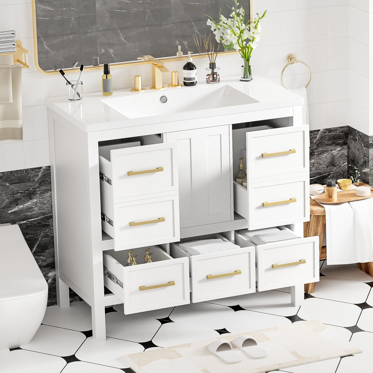 VanityFus 36-in White Bathroom Vanity Single Sink Combo with Resin Top Undermount 1 Soft Close Door 5 Drawers