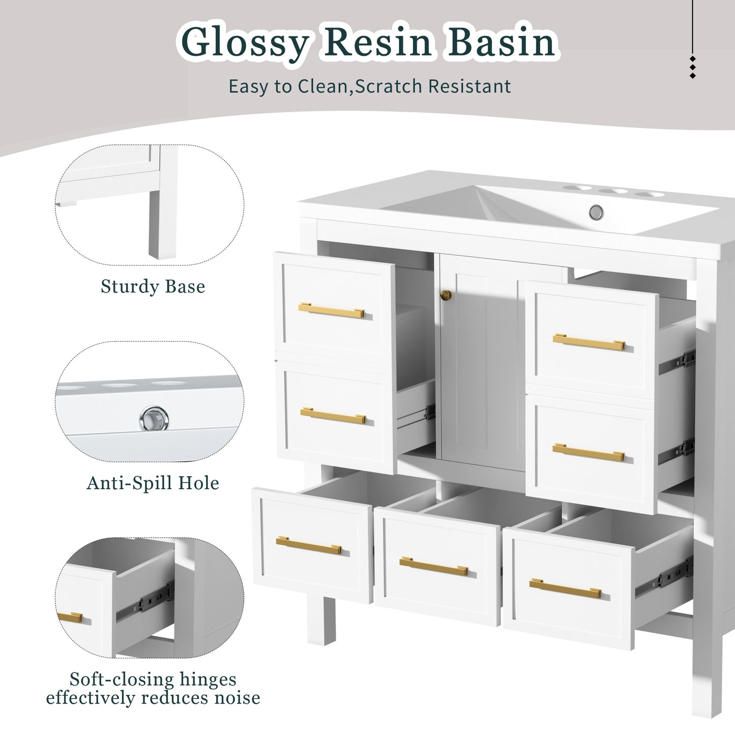 VanityFus 36-in White Bathroom Vanity Single Sink Combo with Resin Top Undermount 1 Soft Close Door 5 Drawers