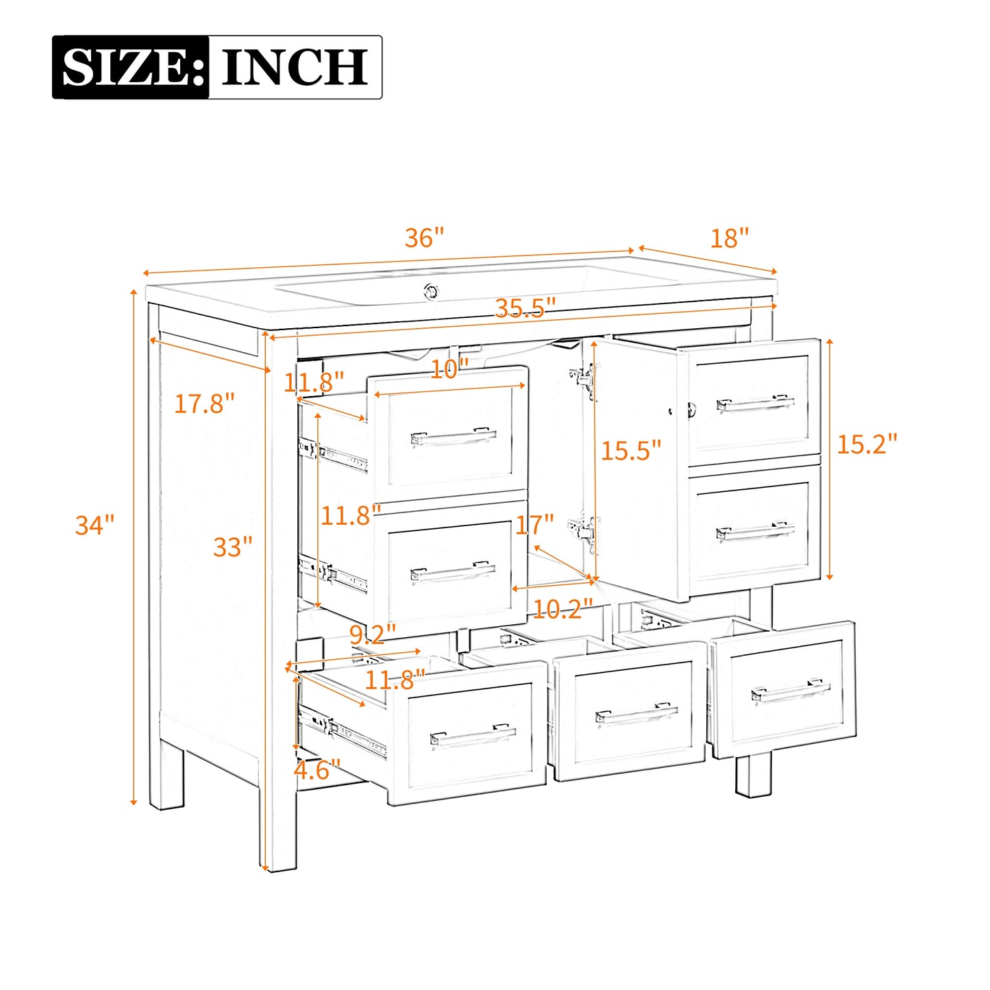VanityFus 36-in White Bathroom Vanity Single Sink Combo with Resin Top Undermount 1 Soft Close Door 5 Drawers