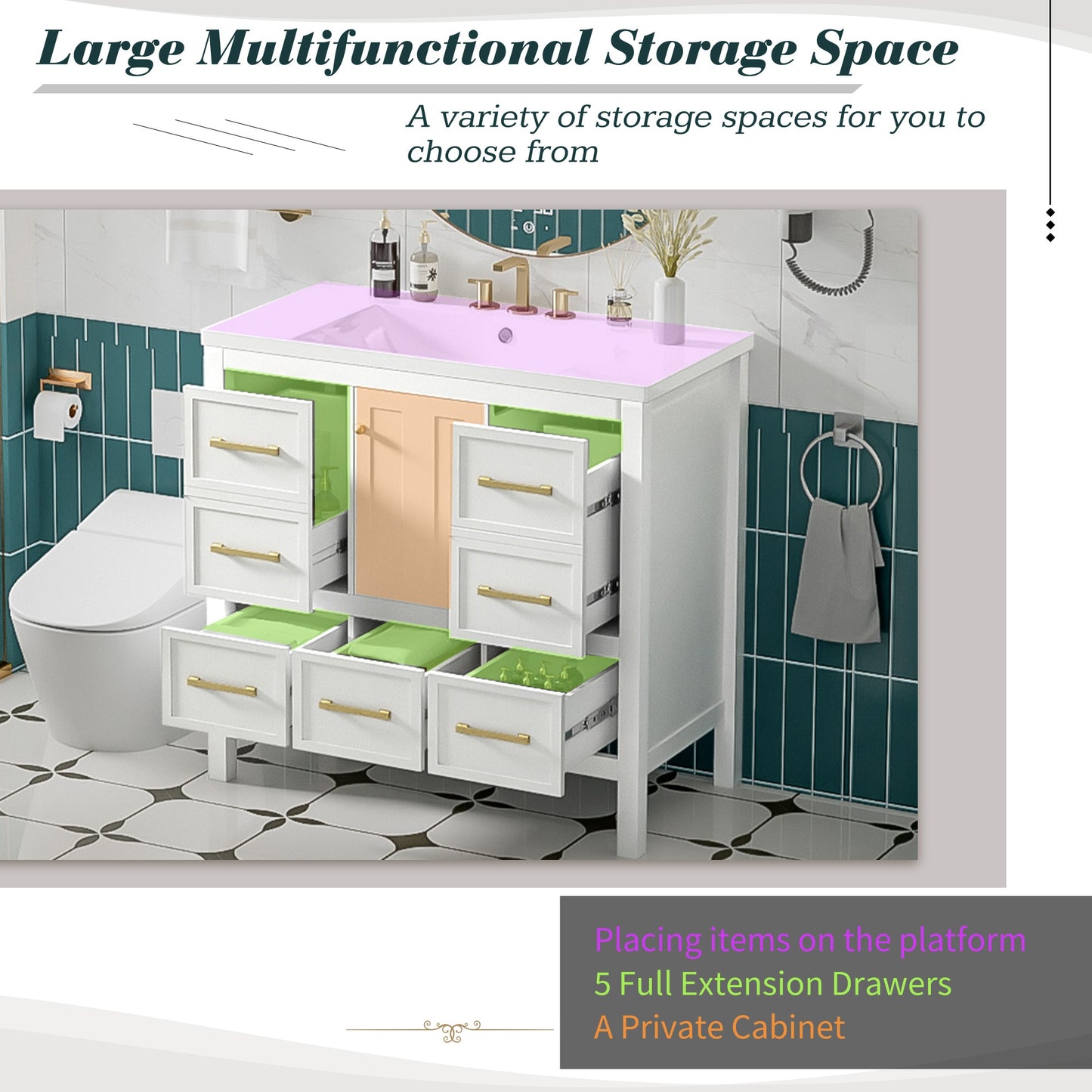 VanityFus 36-in White Bathroom Vanity Single Sink Combo with Resin Top Undermount 1 Soft Close Door 5 Drawers