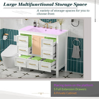 VanityFus 36-in White Bathroom Vanity Single Sink Combo with Resin Top Undermount 1 Soft Close Door 5 Drawers