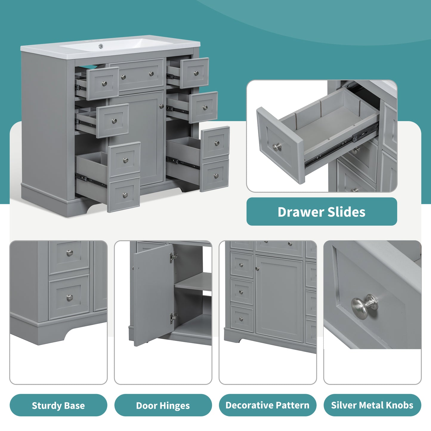 VanityFus 18.6-in Gray Bathroom Vanity Single Sink Combo with Ceramic Top Undermount 1 door 6 drawers Adjustable Shelves