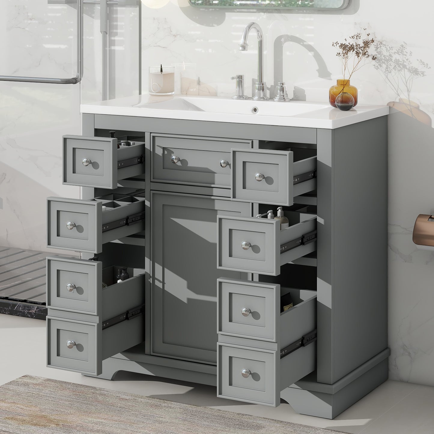 VanityFus 18.6-in Gray Bathroom Vanity Single Sink Combo with Ceramic Top Undermount 1 door 6 drawers Adjustable Shelves