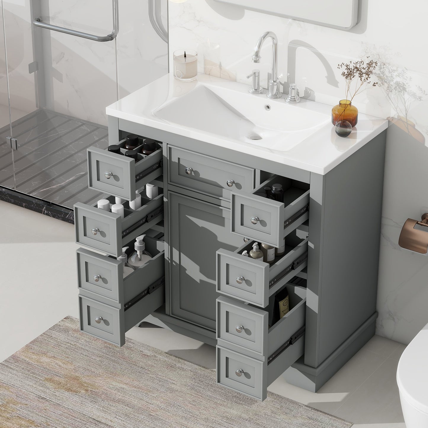 VanityFus 18.6-in Gray Bathroom Vanity Single Sink Combo with Ceramic Top Undermount 1 door 6 drawers Adjustable Shelves