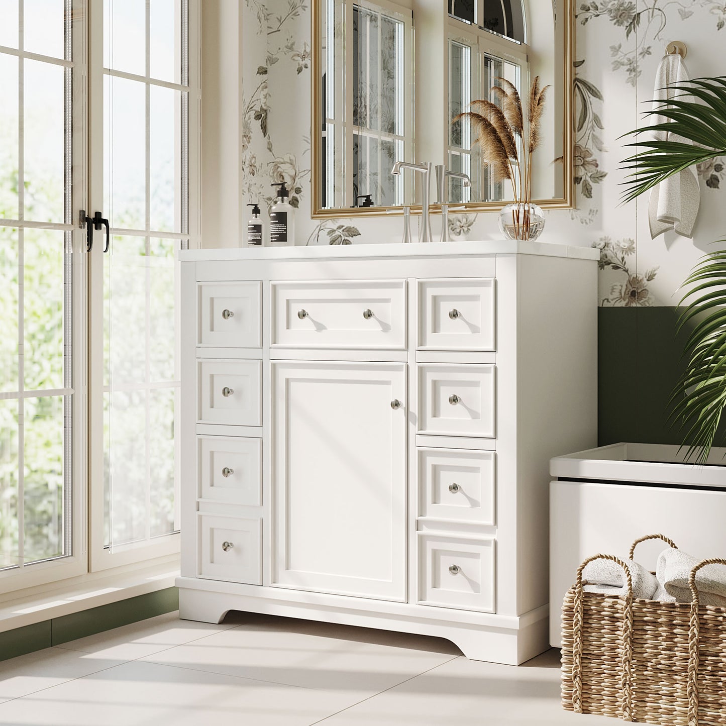 VanityFus 18.6-in White Bathroom Vanity Single Sink Combo with Ceramic Top Undermount 1 door 6 drawers Adjustable Shelves