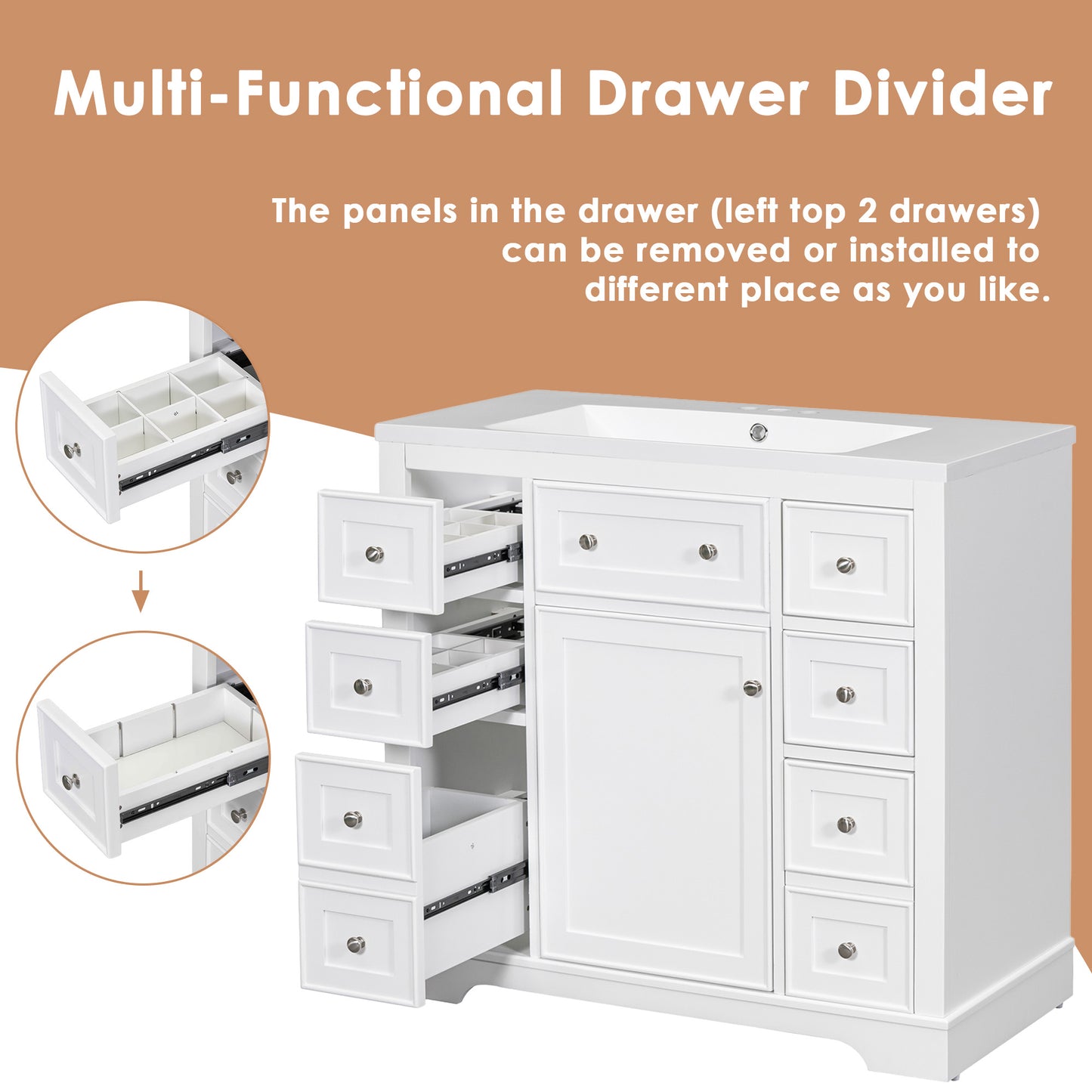 VanityFus 18.6-in White Bathroom Vanity Single Sink Combo with Ceramic Top Undermount 1 door 6 drawers Adjustable Shelves