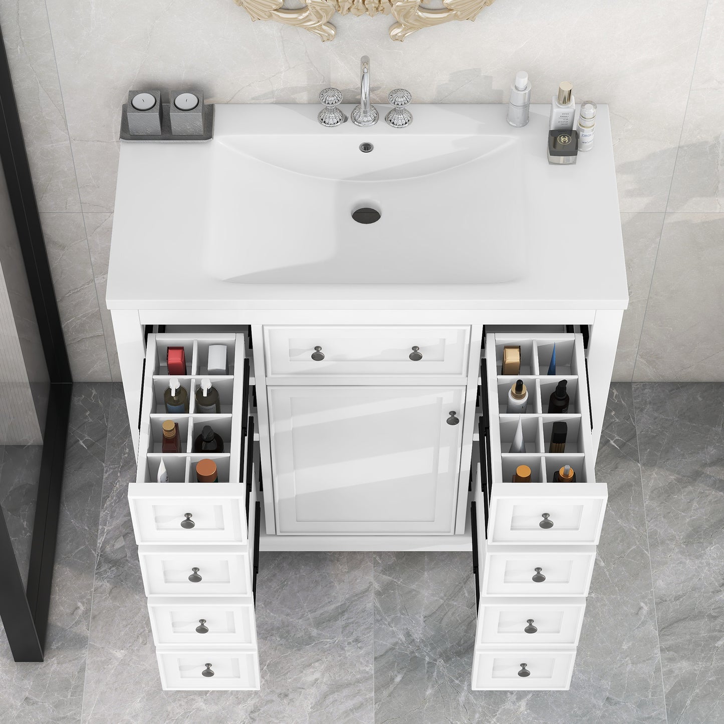 VanityFus 18.6-in White Bathroom Vanity Single Sink Combo with Ceramic Top Undermount 1 door 6 drawers Adjustable Shelves