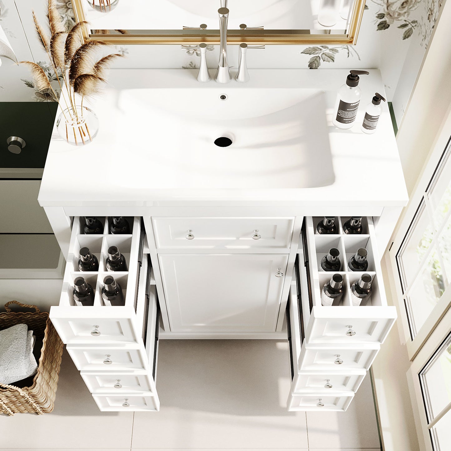 VanityFus 18.6-in White Bathroom Vanity Single Sink Combo with Ceramic Top Undermount 1 door 6 drawers Adjustable Shelves