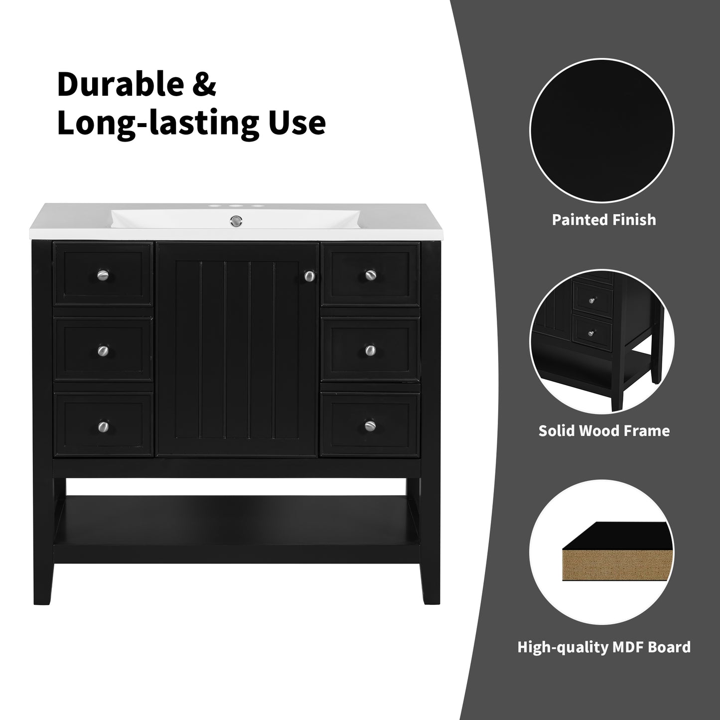 VanityFus 18.6-in Black Bathroom Vanity Single Sink Combo with Ceramic Top Undermount 1 door 3 drawers Adjustable Shelves