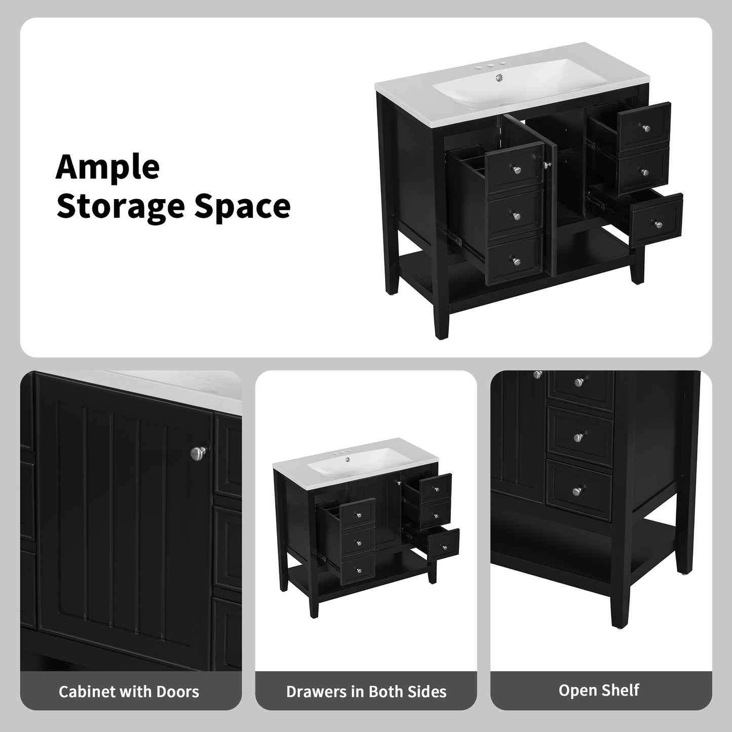 VanityFus 18.6-in Black Bathroom Vanity Single Sink Combo with Ceramic Top Undermount 1 door 3 drawers Adjustable Shelves