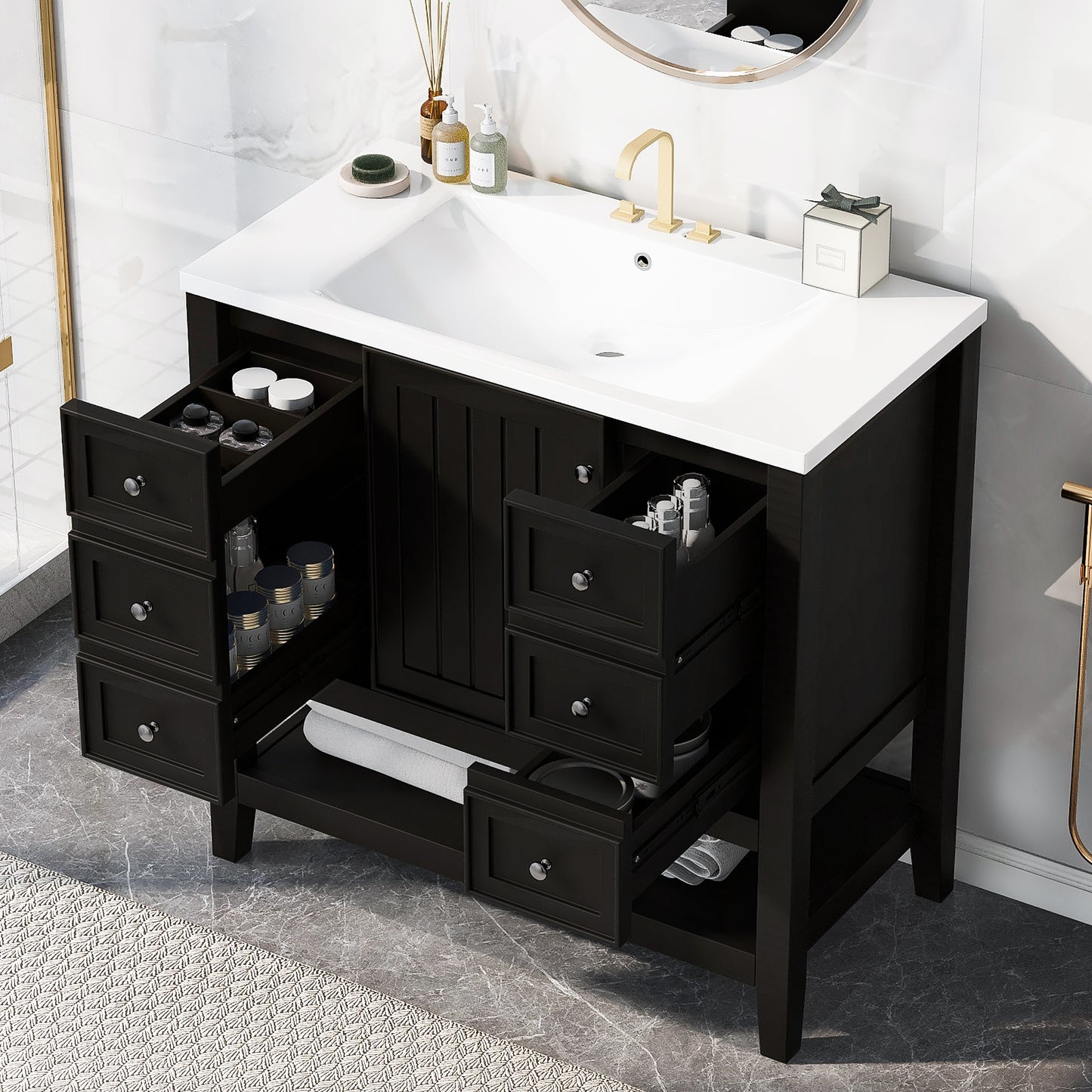 VanityFus 18.6-in Black Bathroom Vanity Single Sink Combo with Ceramic Top Undermount 1 door 3 drawers Adjustable Shelves