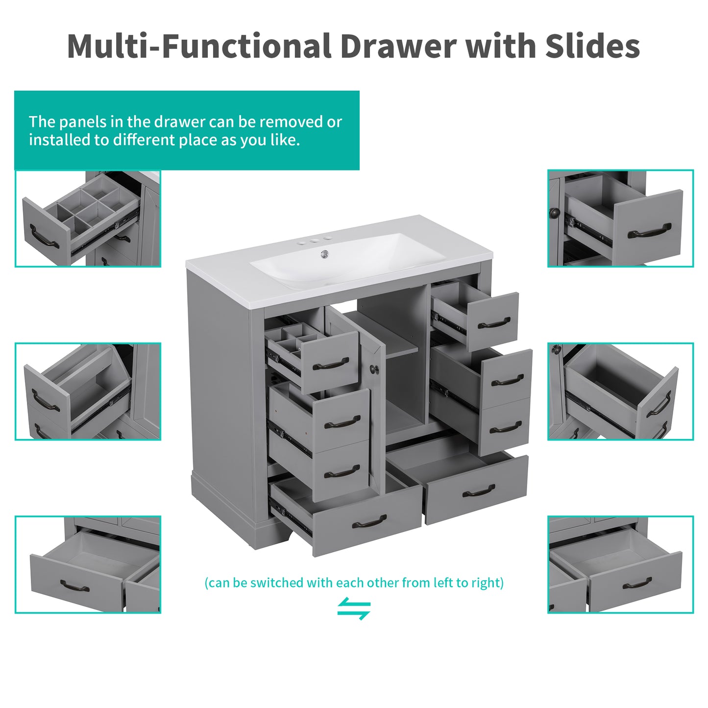 VanityFus 18.6-in Gray Bathroom Vanity Single Sink Combo Undermount with Ceramic Top 1 door 6 drawers Adjustable Shelves