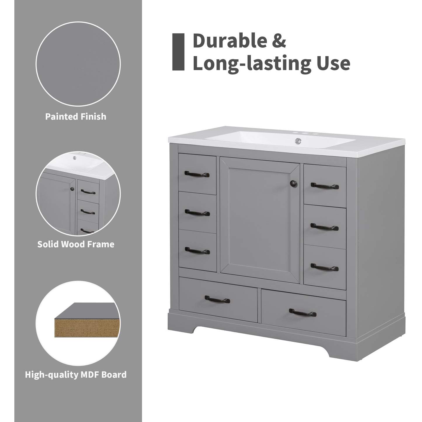 VanityFus 18.6-in Gray Bathroom Vanity Single Sink Combo Undermount with Ceramic Top 1 door 6 drawers Adjustable Shelves