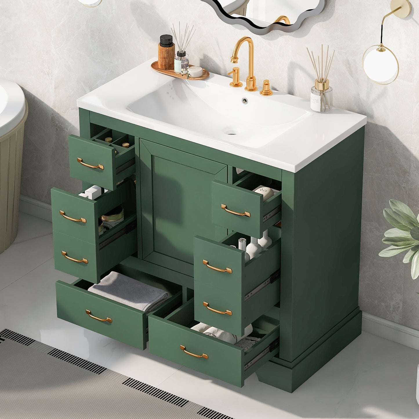 VanityFus 18.6-in Green Bathroom Vanity Single Sink Combo Undermount with Ceramic Top 1 door 6 drawers Adjustable Shelves