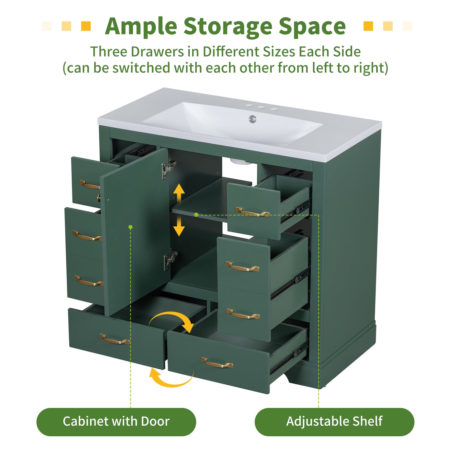 VanityFus 18.6-in Green Bathroom Vanity Single Sink Combo Undermount with Ceramic Top 1 door 6 drawers Adjustable Shelves