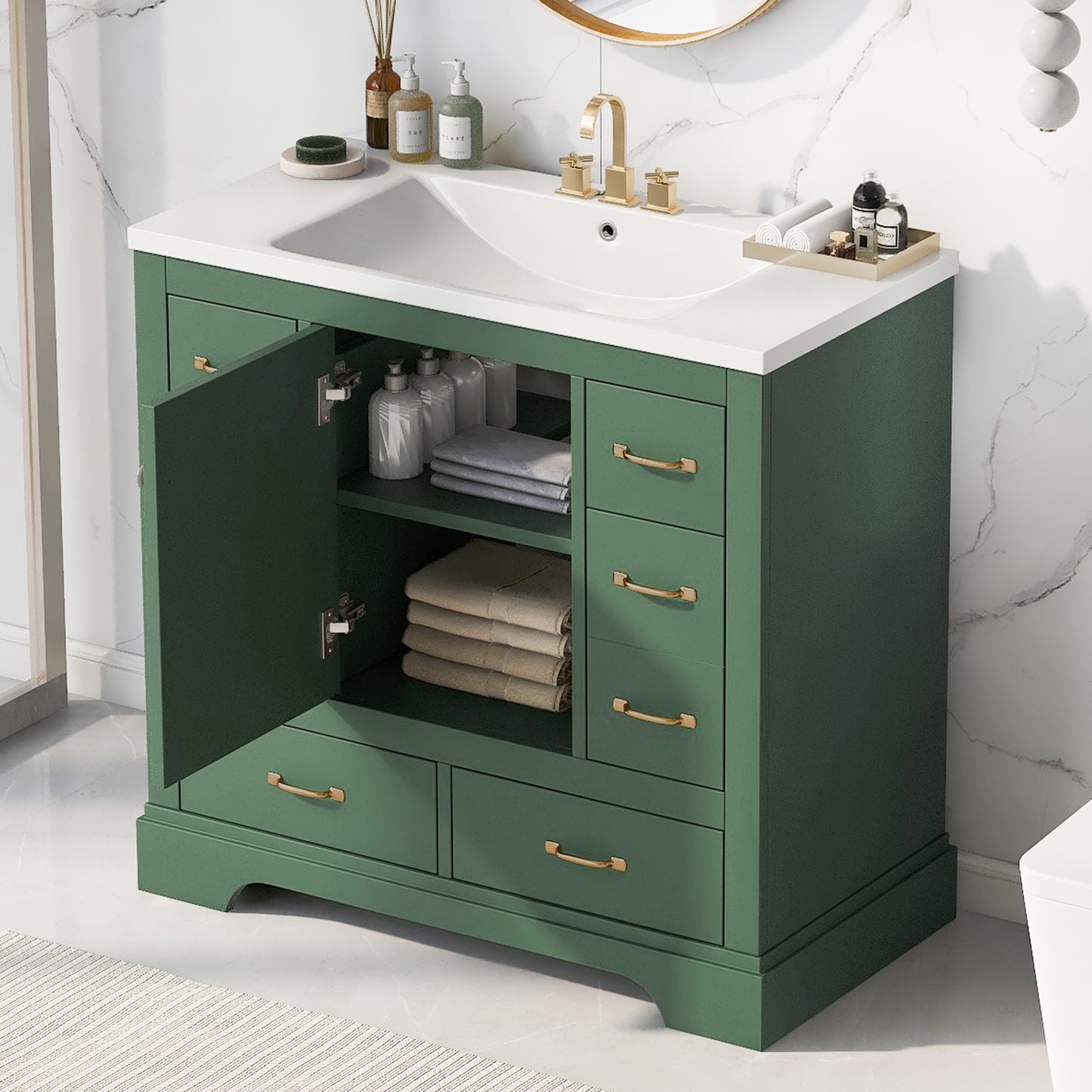 VanityFus 18.6-in Green Bathroom Vanity Single Sink Combo Undermount with Ceramic Top 1 door 6 drawers Adjustable Shelves