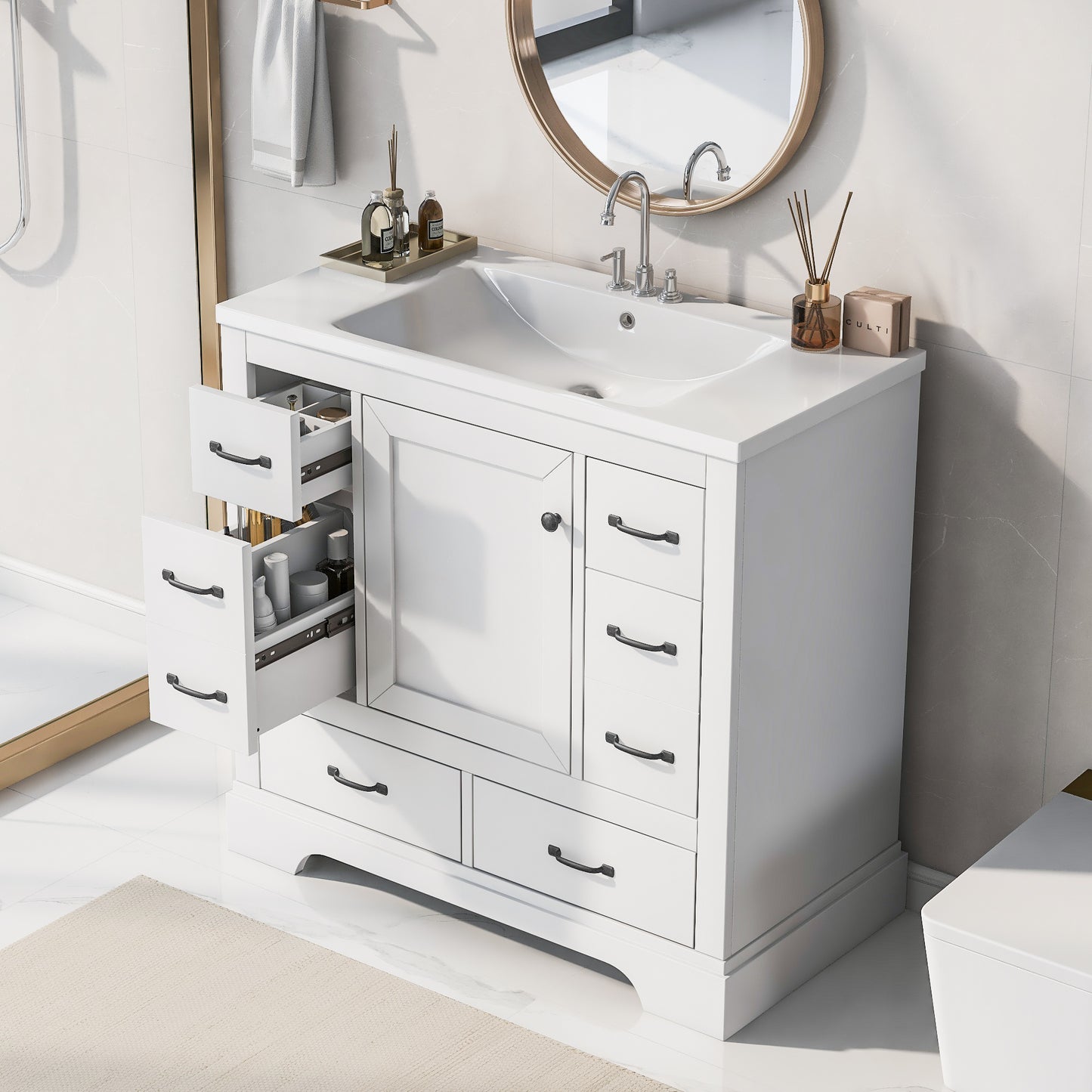 VanityFus 18.6-in White Bathroom Vanity Single Sink Combo Undermount with Ceramic Top 1 door 6 drawers Adjustable Shelves
