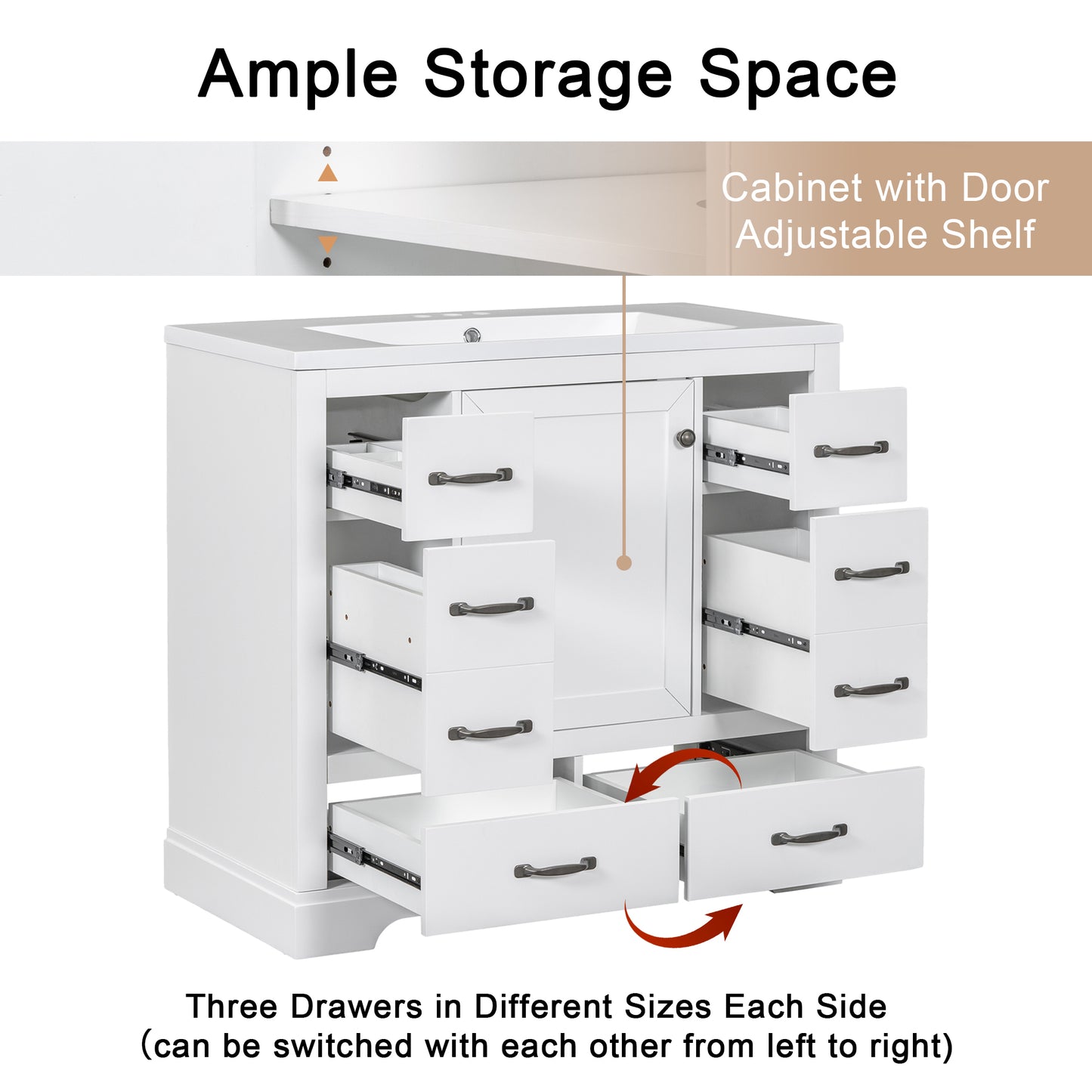 VanityFus 18.6-in White Bathroom Vanity Single Sink Combo Undermount with Ceramic Top 1 door 6 drawers Adjustable Shelves