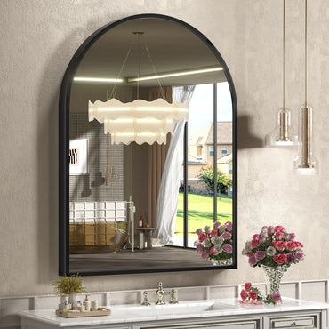 Vanityfus 20-in W 30-in H Arch Matte Black Framed Wall-Mounted Beveled Bathroom Vanity Mirror in silver