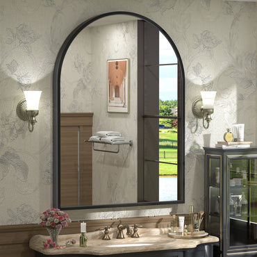 Vanityfus 24-in W 36-in H Arch Matte Black Framed Wall-Mounted Beveled Bathroom Vanity Mirror in silver
