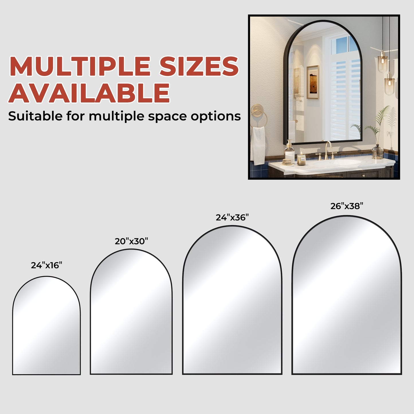 Vanityfus 24-in W 36-in H Arch Matte Black Framed Wall-Mounted Beveled Bathroom Vanity Mirror in silver