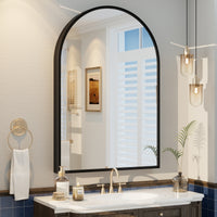 Vanityfus 26-in W 38-in H Arch Matte Black Framed Wall-Mounted Beveled Bathroom Vanity Mirror in silver