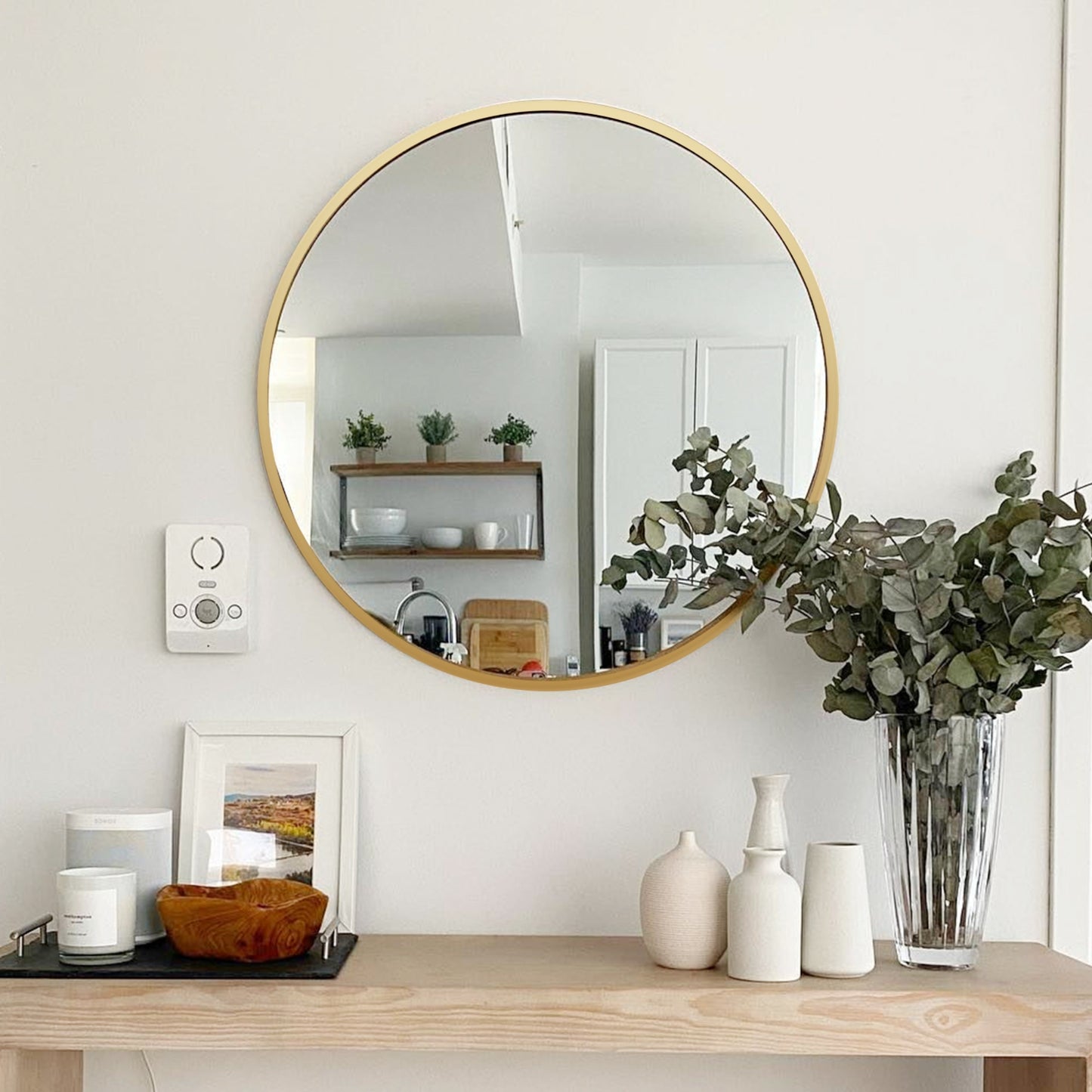 VanityFus 16-in W 16-in H Round Brush Gold Framed Beveled Bathroom Vanity Mirror Wall Mirror