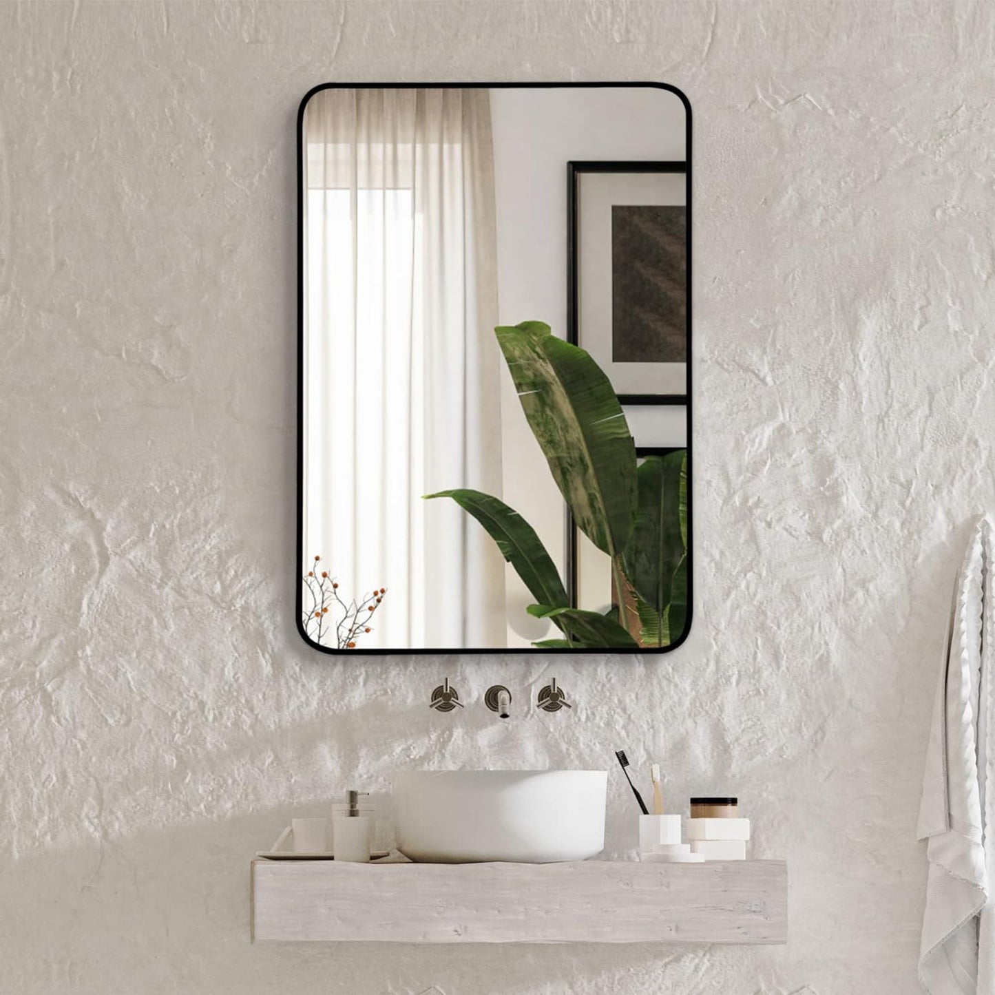 VanityFus 22-in W 30-in H Rectangle Framed Beveled Bathroom Vanity Mirror Wall Mirror (Matte Black)