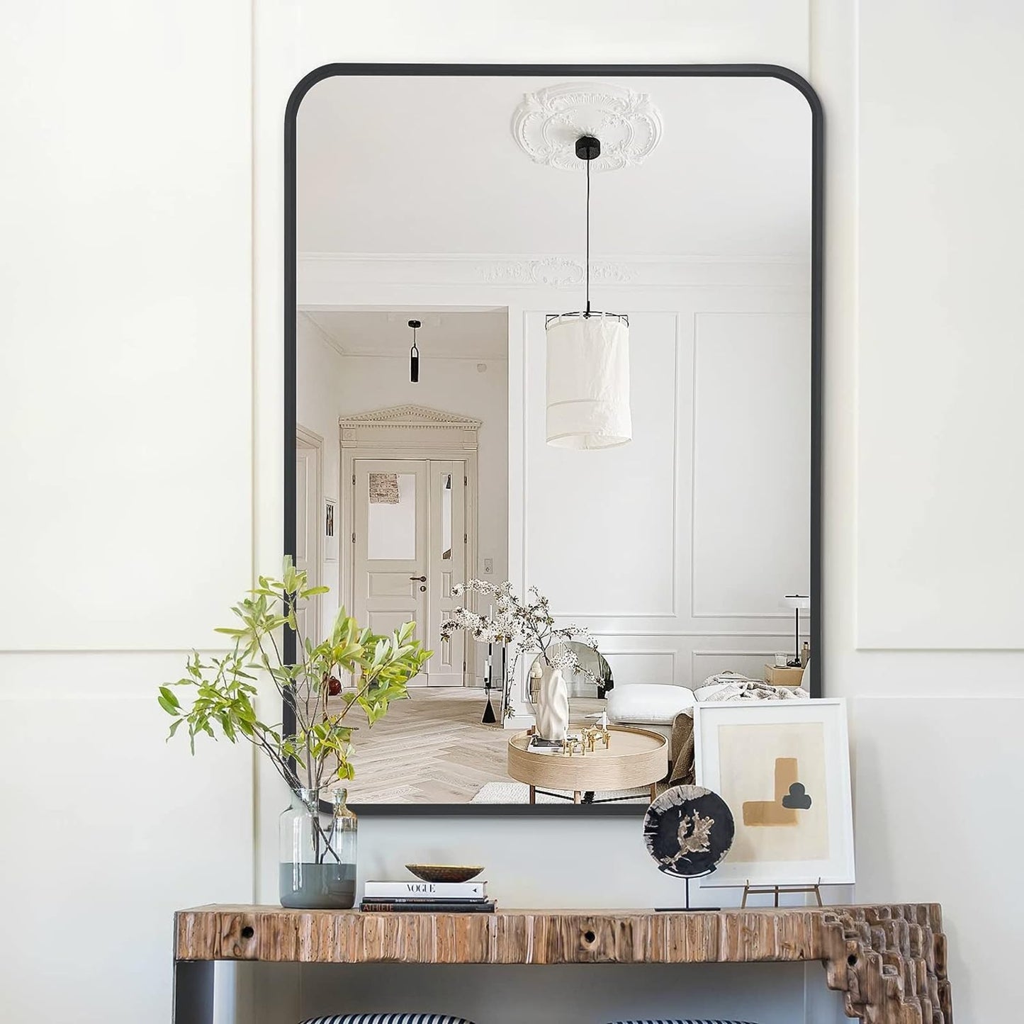 VanityFus 22-in W 30-in H Rectangle Framed Beveled Bathroom Vanity Mirror Wall Mirror (Matte Black)