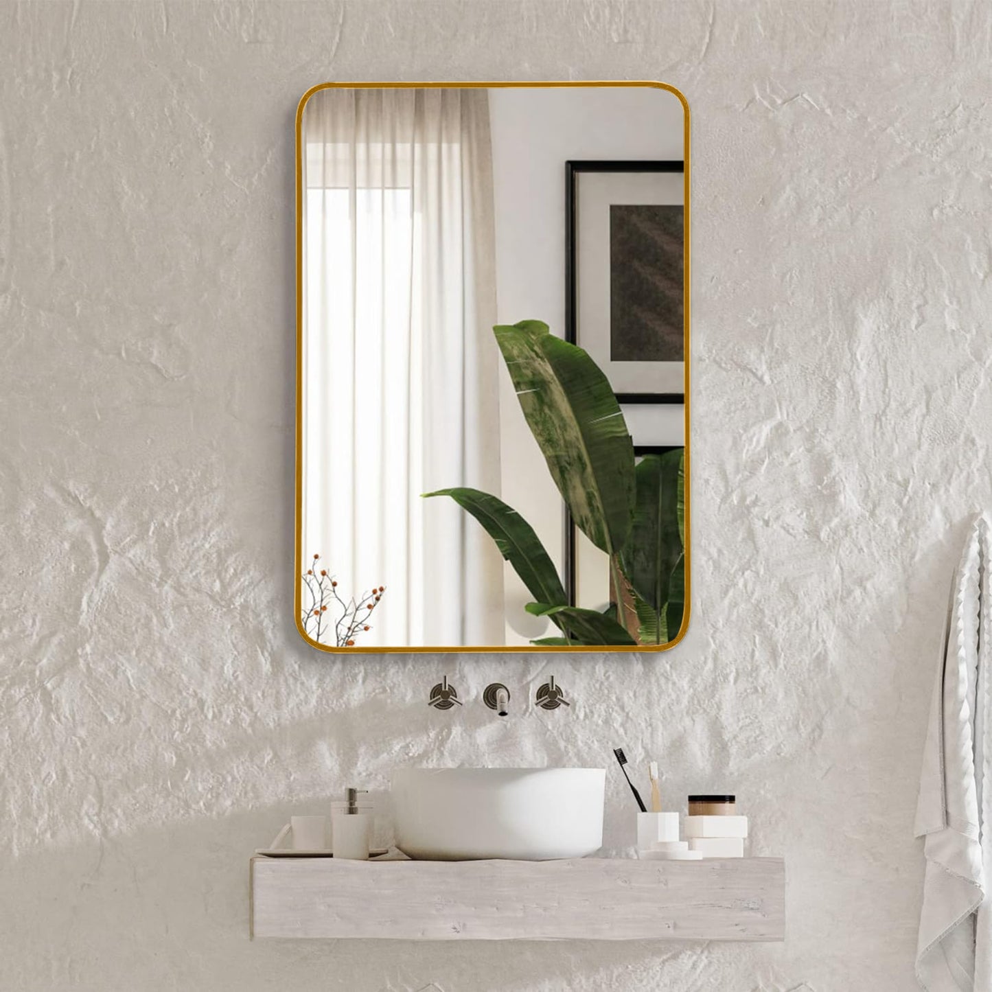 VanityFus 22-in W 30-in H Rectangle Brush Gold Framed Beveled Bathroom Vanity Mirror Wall Mirror