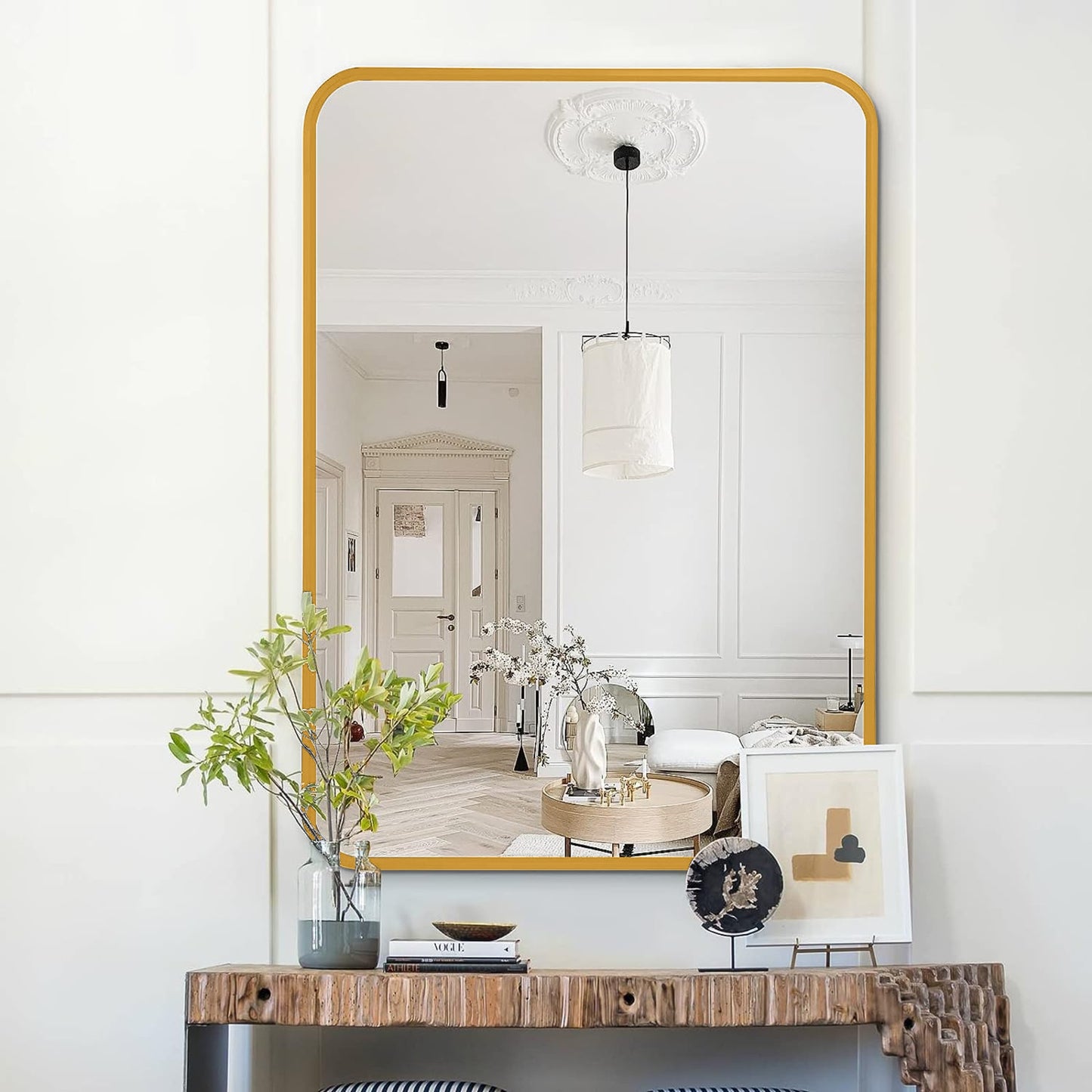 VanityFus 22-in W 30-in H Rectangle Brush Gold Framed Beveled Bathroom Vanity Mirror Wall Mirror