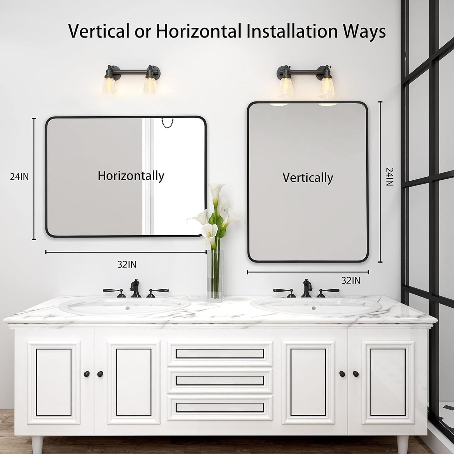 VanityFus 32-in W 24-in H Rectangle Framed Beveled Bathroom Vanity Mirror Wall Mirror (Matte Black)