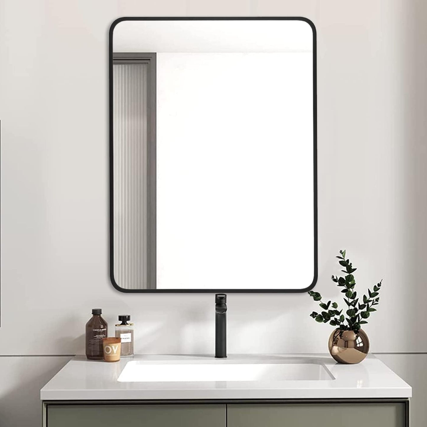 VanityFus 32-in W 24-in H Rectangle Framed Beveled Bathroom Vanity Mirror Wall Mirror (Matte Black)