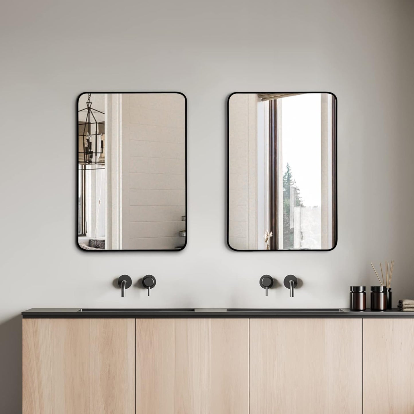 VanityFus 32-in W 24-in H Rectangle Framed Beveled Bathroom Vanity Mirror Wall Mirror (Matte Black)