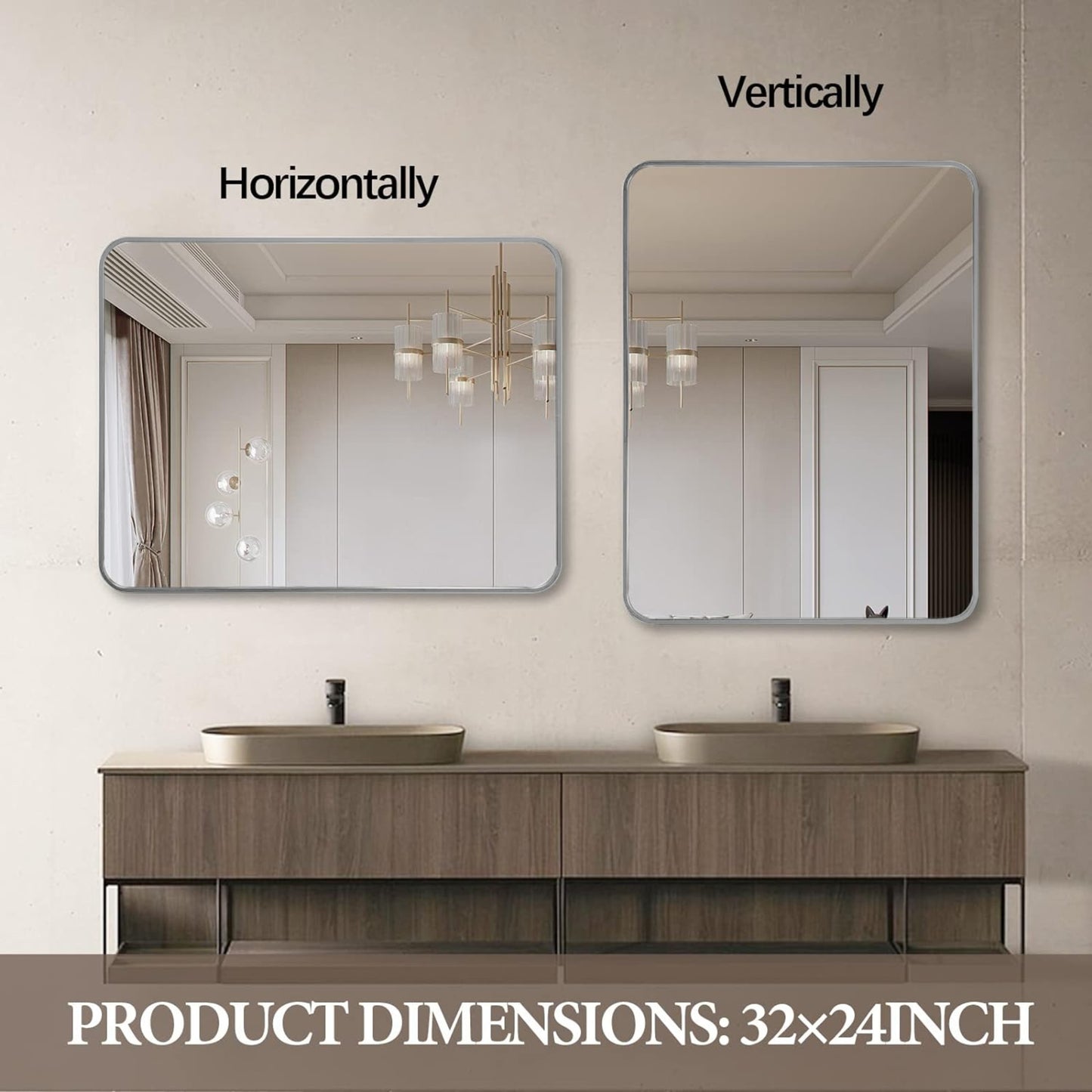 VanityFus 24-in W 32-in H Rectangle Silver Framed Beveled Bathroom Vanity Mirror Wall Mirror