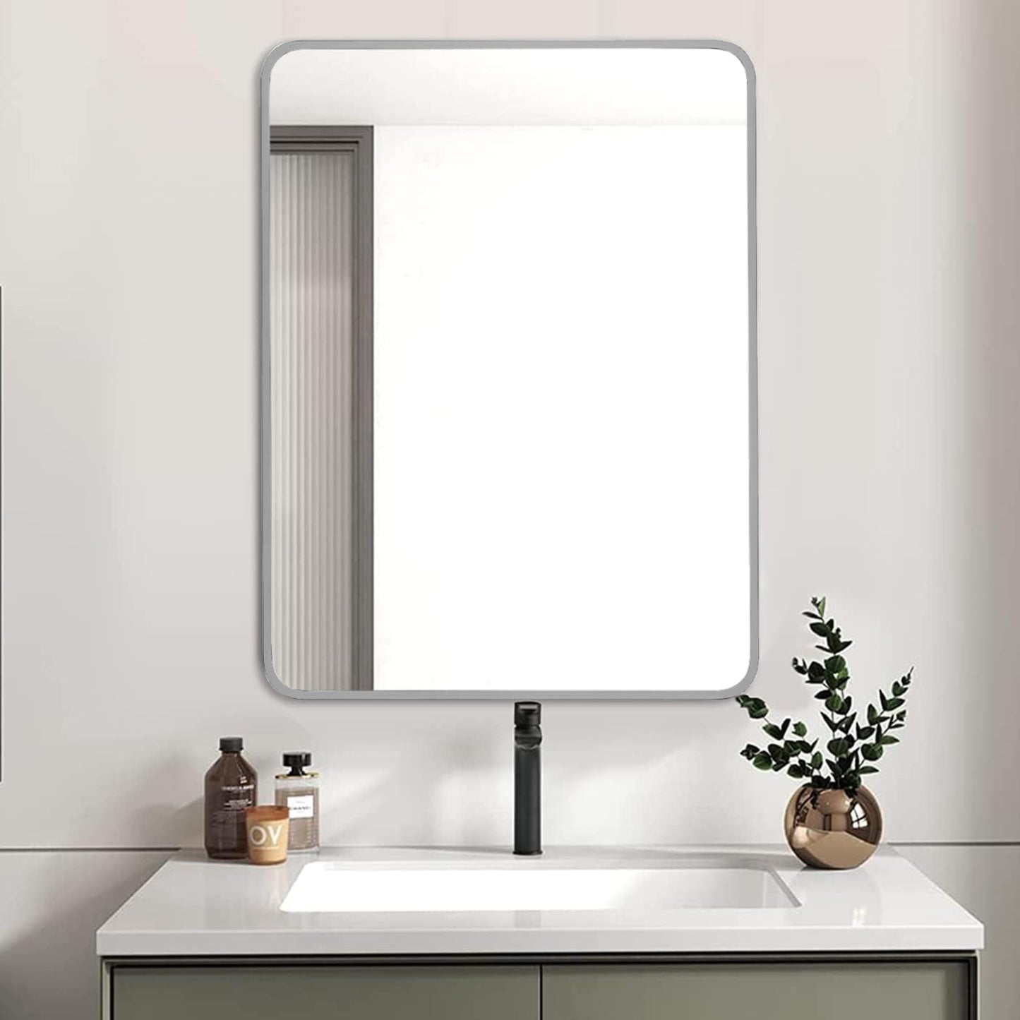 VanityFus 24-in W 32-in H Rectangle Silver Framed Beveled Bathroom Vanity Mirror Wall Mirror