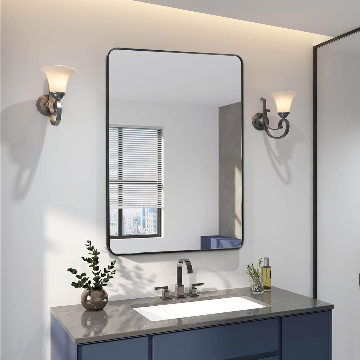 VanityFus 36-in W 24-in H Rectangle Framed Beveled Bathroom Vanity Mirror Wall Mirror (Matte Black)