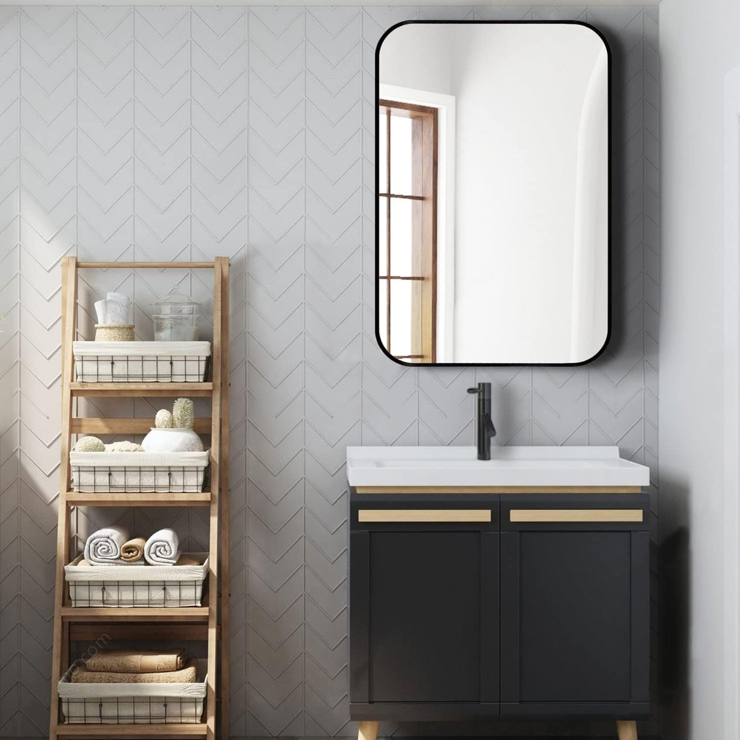 VanityFus 36-in W 24-in H Rectangle Framed Beveled Bathroom Vanity Mirror Wall Mirror (Matte Black)