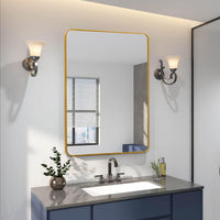 VanityFus 36-in W 24-in H Rectangle Brush Gold Framed Beveled Bathroom Vanity Mirror Wall Mirror
