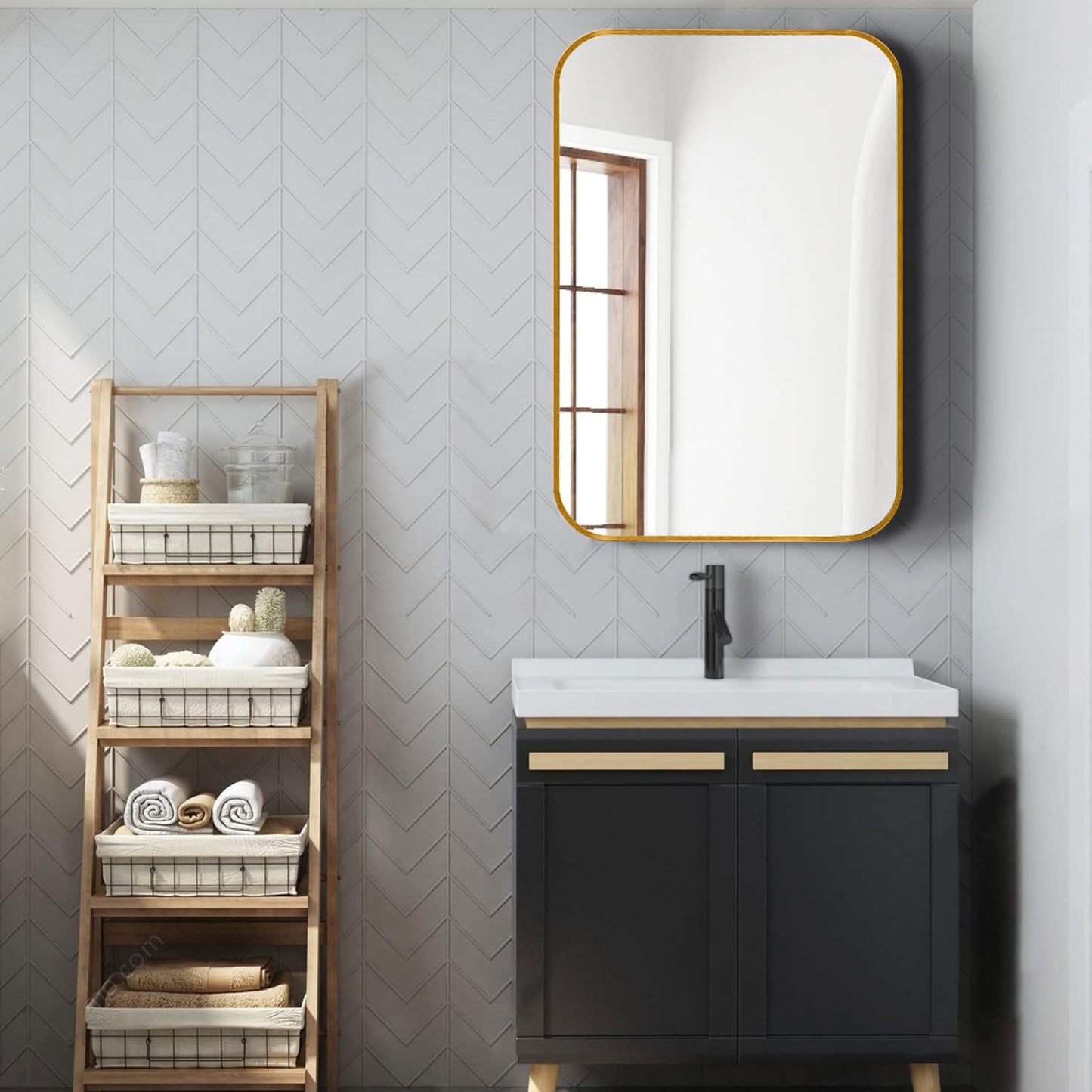 VanityFus 36-in W 24-in H Rectangle Brush Gold Framed Beveled Bathroom Vanity Mirror Wall Mirror