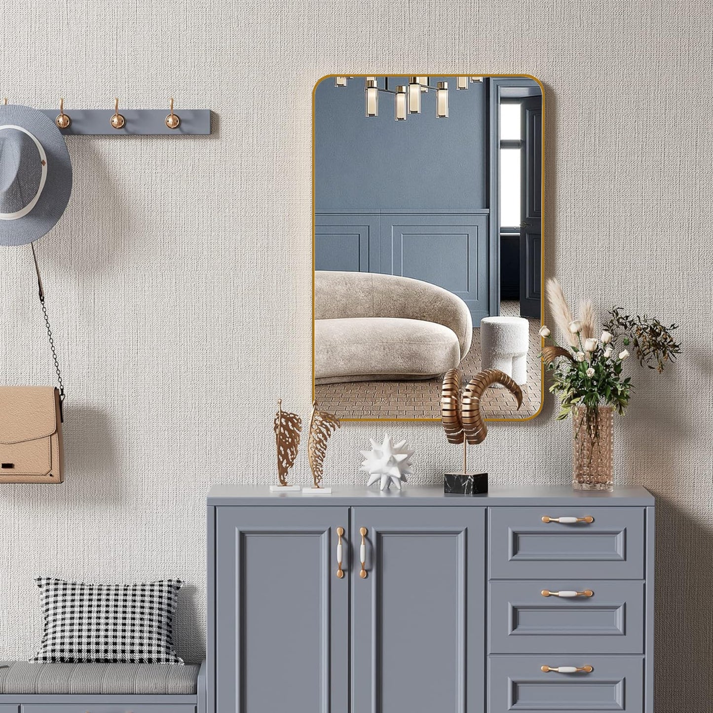 VanityFus 36-in W 24-in H Rectangle Brush Gold Framed Beveled Bathroom Vanity Mirror Wall Mirror