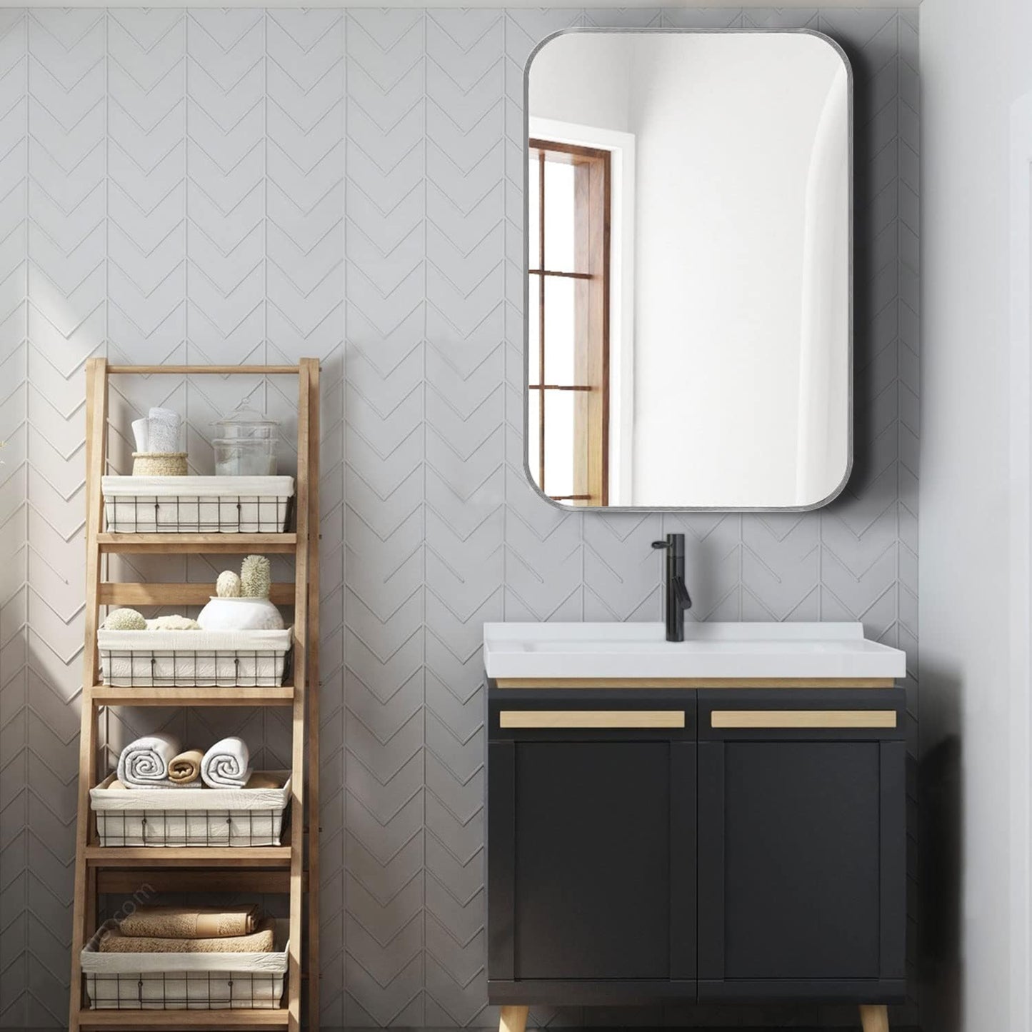 VanityFus 36-in W 24-in H Rectangle Silver Framed Beveled Bathroom Vanity Mirror Wall Mirror