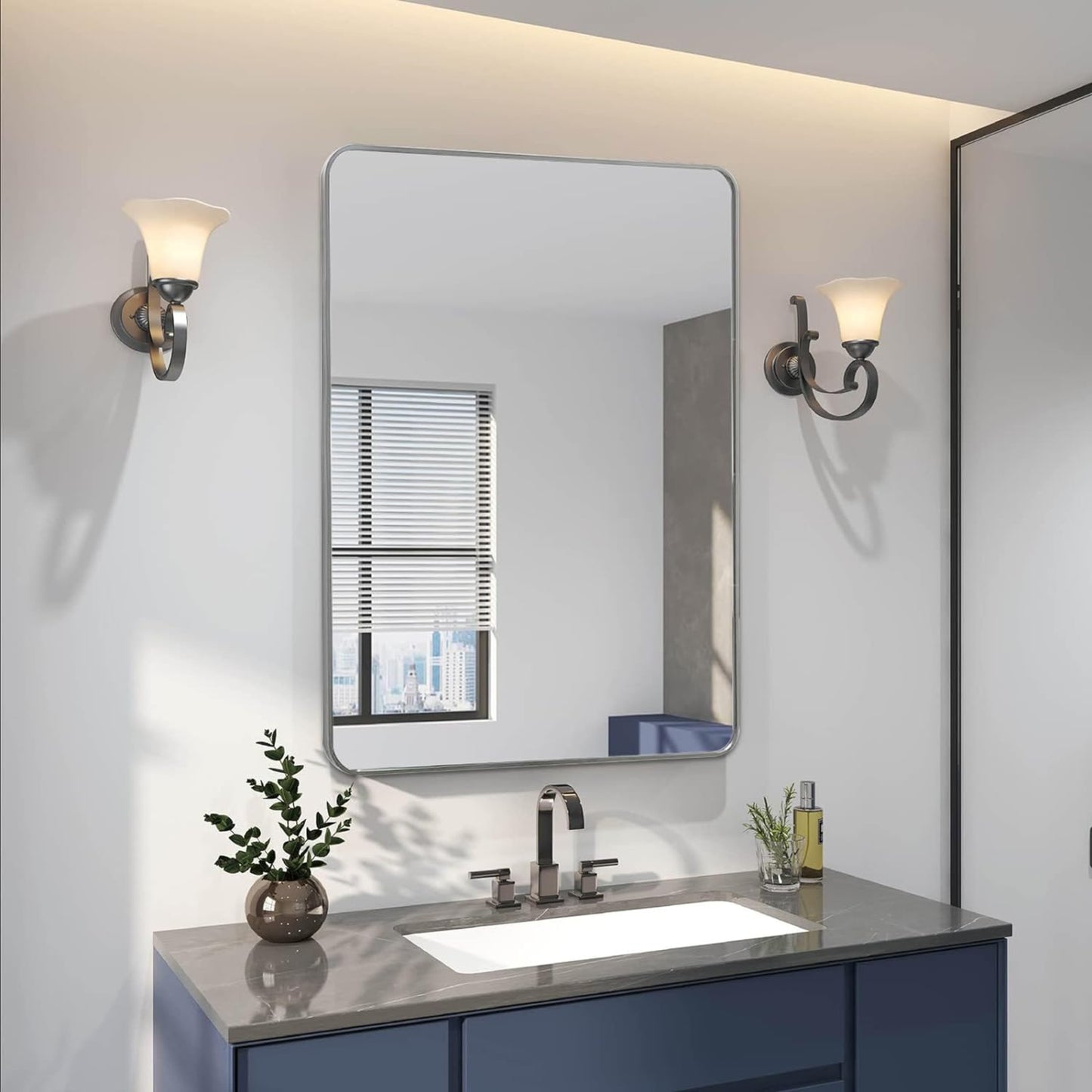 VanityFus 36-in W 24-in H Rectangle Silver Framed Beveled Bathroom Vanity Mirror Wall Mirror