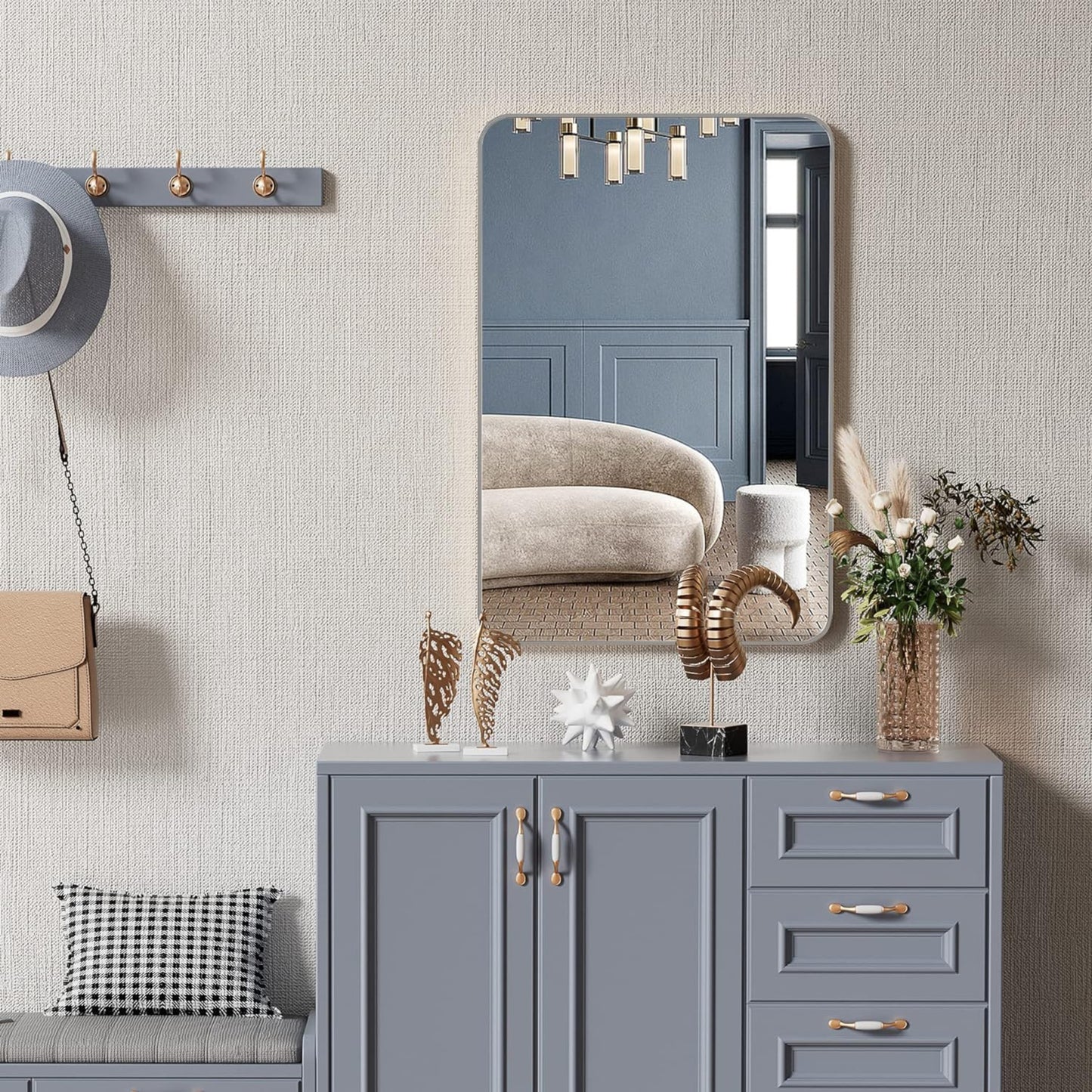 VanityFus 36-in W 24-in H Rectangle Silver Framed Beveled Bathroom Vanity Mirror Wall Mirror