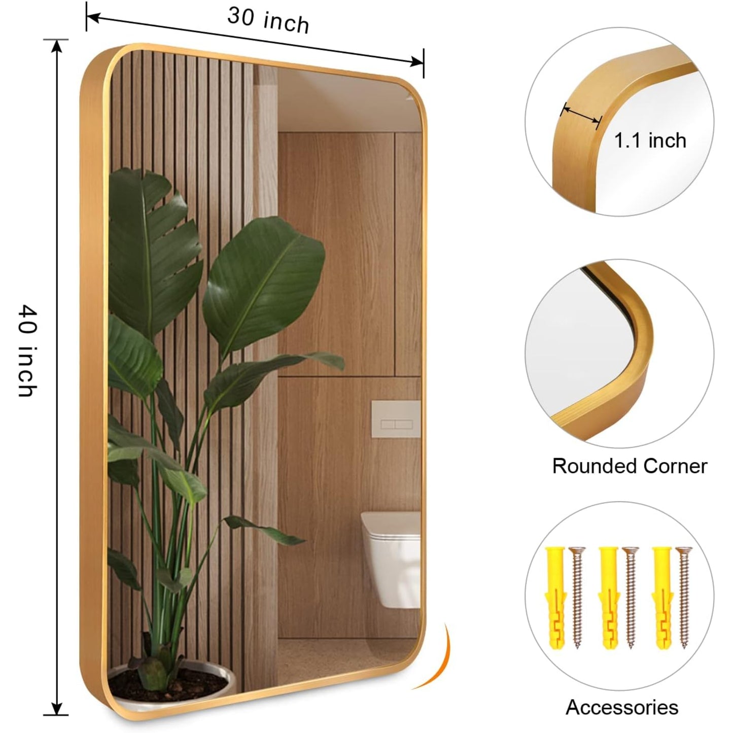 VanityFus 40-in W 30-in H Rectangle Brush Gold Framed Beveled Bathroom Vanity Mirror Wall Mirror