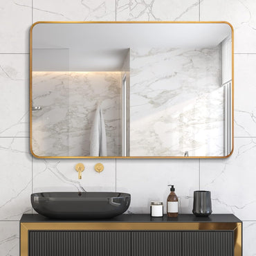 VanityFus 40-in W 30-in H Rectangle Brush Gold Framed Beveled Bathroom Vanity Mirror Wall Mirror
