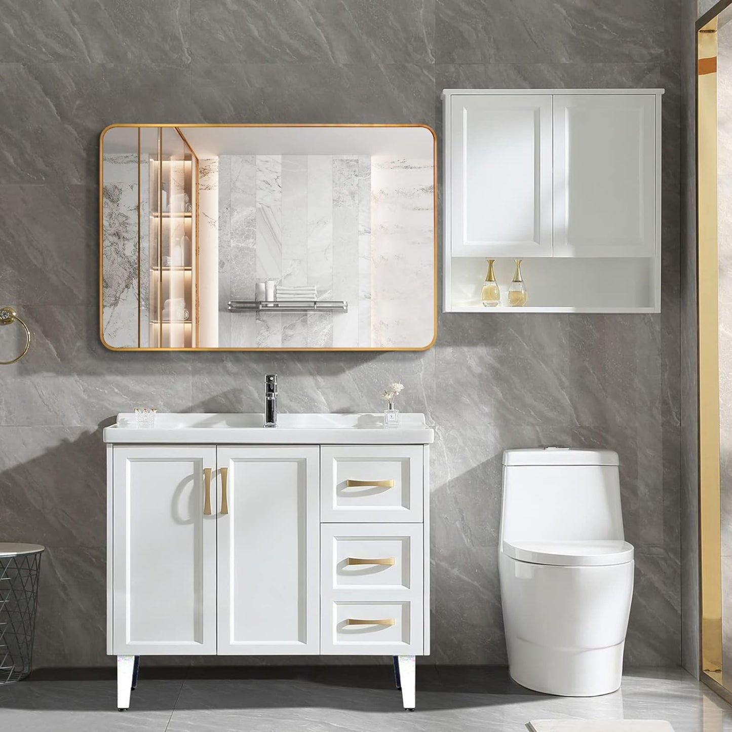 VanityFus 40-in W 30-in H Rectangle Brush Gold Framed Beveled Bathroom Vanity Mirror Wall Mirror