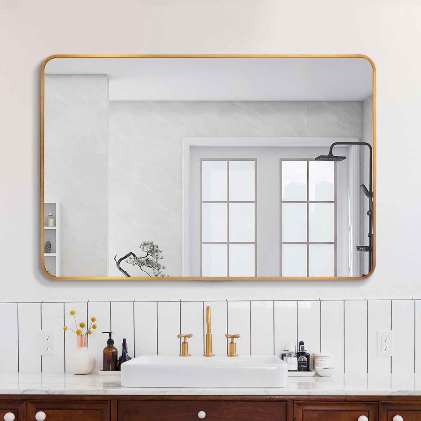 VanityFus 40-in W 30-in H Rectangle Brush Gold Framed Beveled Bathroom Vanity Mirror Wall Mirror